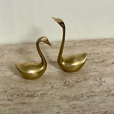 VTG Solid Brass Swan Figurines Set Of 2 Mid Century Art Deco 4” and 2.5” picture