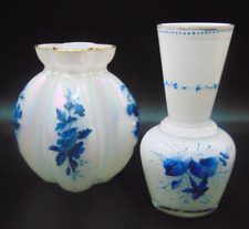 Harrach Iridescent Blue Enameled Bohemian Art Glass Floral Rose Bowl + Vase Set picture