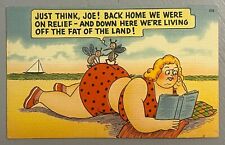 Comic Postcard BBW Fat Woman Big Butt Polka Dot Swimsuit Beach Reading Book VJ picture