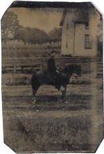 Early Outdoor Tintype~Man on Horseback w/ House~Antique Photograph~Paper Sleeve picture