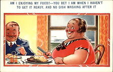Fat woman dinner restaurant food~ Bamforth comic~ vintage postcard picture