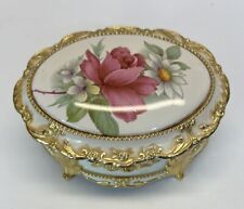 Vintage San Francisco Music Box Metal Pink Floral Gold Tone Enamel Footed Oval picture