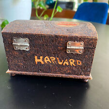 Antique HARVARD UNIVERSITY Carved Wood Tramp Art Trinket Box Vtg Gift Souvenir picture