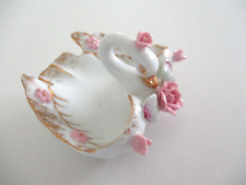 Vintage Lefton Porcelain Swan White Gilded Gold w Pink Roses Small picture