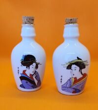 Japanese Pottery Sake Bottle TOKKURI Vintage 2pc UKIYOE Woman Liquor picture