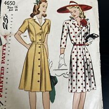 Vintage 1940s Simplicity 4650 Pleated Skirt Button Dress Sewing Pattern 16 CUT picture