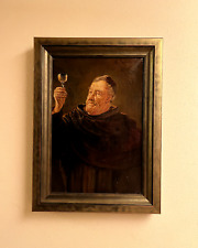 Vintage Oil Painting On Canvas Portrait of Monk with Glass of Wine Framed Signed picture