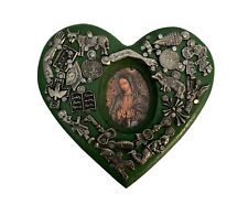 Mexican MILAGROS Heart, VIRGIN GUADALUPE Corazon with Charms ExVotos, Green picture