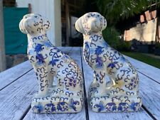 Pair of Staffordshire Style Blue White Porcelain Floral Dog Hand Painted picture