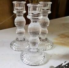 Pair Of 3 Vintage  Clear Glass 8” Tall Heavy Candlestick Candle Holders picture