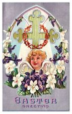 1900s Antique Postcard Easter Angel Cherub Cross Holy Spirit Flowers Embossed picture