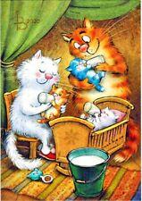 R.Zenyuk HAPPINESS WHITE AND RED CATS with THEIR BABIES Russian postcard picture