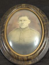 WW 1 Army Soldier Vintage Oval Convex Glass Tiger Stripe Wood Picture Portrait picture