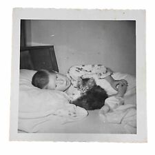1963 photo Boy Bed Kitten Cat Vintage Kodak 3”x 3” Picture picture