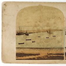 Howth Harbour Ireland's Eye Stereoview c1855 Tinted Ship Boats Dublin Port A2645 picture