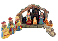 Miniature Nativity Set Creche + 9 Pieces Hand Painted Resin Figures picture