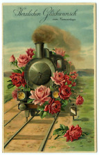 Locomotive Train Roses Congratulations Embossed Floral c1910 Postcard picture