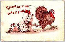 1913 Thanksgiving Greetings Baby Crawling Touch Feet Of Turkey Posted Postcard picture