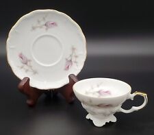 Vtg Edelstein Bavaria Porcelain Footed Tea Cup Saucer Floral Pink Gold Germany picture