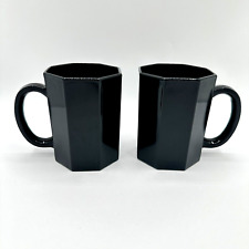 Vintage Arcoroc 2 Mugs France Black Octime Octagonal  Glass Coffee Tea Cups picture