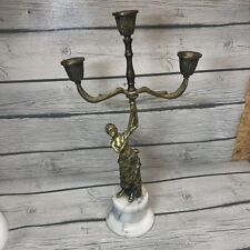 Antique Vintage Brass and Marble woman holding Candlestick Candle Stick Holder picture
