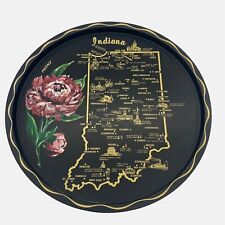 Vintage Indiana Souvenir Metal Tray State Map Flower Peony Black Gold 11