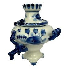 Vintage Russian Gzhel Porcelain Souvenir Samovar  Hand Painted 6 Inches Tall picture