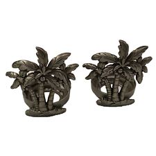 2 Pc Coastal Palm Trees Tea Light Candle Holders Pewter Silver Tone  picture