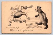 c1910 Santa Claus Running With Rabbit Bear Merry Christmas P554 Artist Signed picture