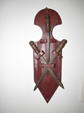 VINTAGE MEDIEVAL WALL PLAQUE SWORDS GOTHIC WEAPONS STEEL WOOD MAN CAVE DECOR picture