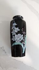 Rare Vintage Japanese Porcelain Black Vase Gold-Trim Floral W/ Oriental Flowers picture
