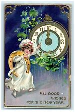 1908 New Year Tuck's Angel Ringing Clock With Horseshoe Embossed Postcard picture