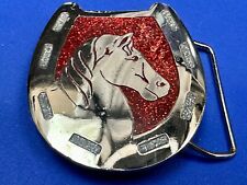 Horse Head - Retro Resin Filled Horseshoe Artisan Vintage 1979 PSC Belt Buckle picture