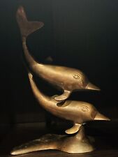 Vintage Solid Brass Swimming Pair of Dolphins Nautical Statue Sculpture 11” Tall picture