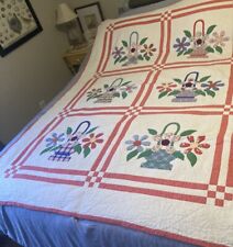 Sweet Flower Basket Quilt with Matching Pillow Coverlet Vintage Home Made Twin picture