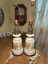 Pair of 2 Porcelain & Brass Vintage Table Lamps Yellow Rose Decoration Both Work picture