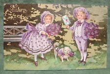 Vintage Sincere Greetings Embossed Postcard Boy & Girl in Purple / Dog / Violets picture