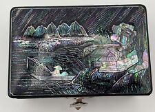 Vtg Asian Lacquer Mother Of Pearl Abalone Turtle Latch Jewelry Box Mtns Fishing picture