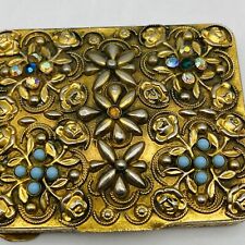 Vintage Metal Embossed Jeweled Gold Tone Trinket Box Made In Italy picture