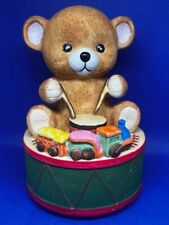 Vintage Christmas Teddy Bear Playing Drums Train Jingle Bells Rotating Music Box picture