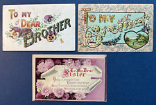 3 Brother & Sister Family Greetings Antique Postcards. EMB. Gold. Flowers, Scene picture