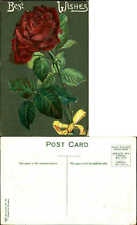 Best Wishes postcard ~ c1910 huge red rose ~ yellow ribbon ~ unused picture