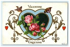 1909 Valentine Greetings Heart Flowers Birds Embossed Antique Postcard picture