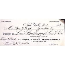 1912 NEW YORK LOUIS STRASBURGER'S SON & CO DIAMONDS PEARLS BILLHEAD INVOICE Z121 picture