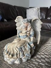 Sparkly angel mom holding baby boy angel wings white with blue trim  picture