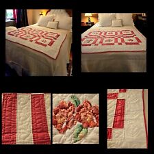  Vintage Handmade Quilt Hand Sewn Poenys Floral & Hearts Excellant Condition  picture