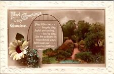 VINTAGE POSTCARD FOND GREETINGS TO MY GRANDSON FLOWERS & GARDEN REAL PHOTO RPPC picture