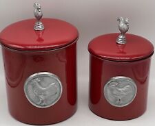 Old Dutch Red Canister Set With Silver Tone Roosters Scripture On Side Set Of 2 picture