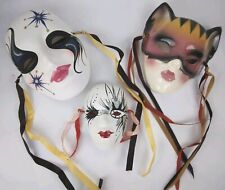 Vintage Clay Art Glazed Ceramic Cat Woman & Mardigras Mask Wall Art Lot Of 3 picture