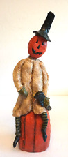 Vintage Halloween Pumpkin Head Figure with Black Crow Folk Art Primitive Style picture